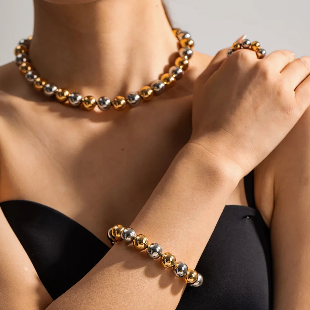 Gold Silver Color Acrylic Ball Beaded Choker Bracelet Necklace Women Men Trend Round Beads Short Necklace Stack Jewelry Collier