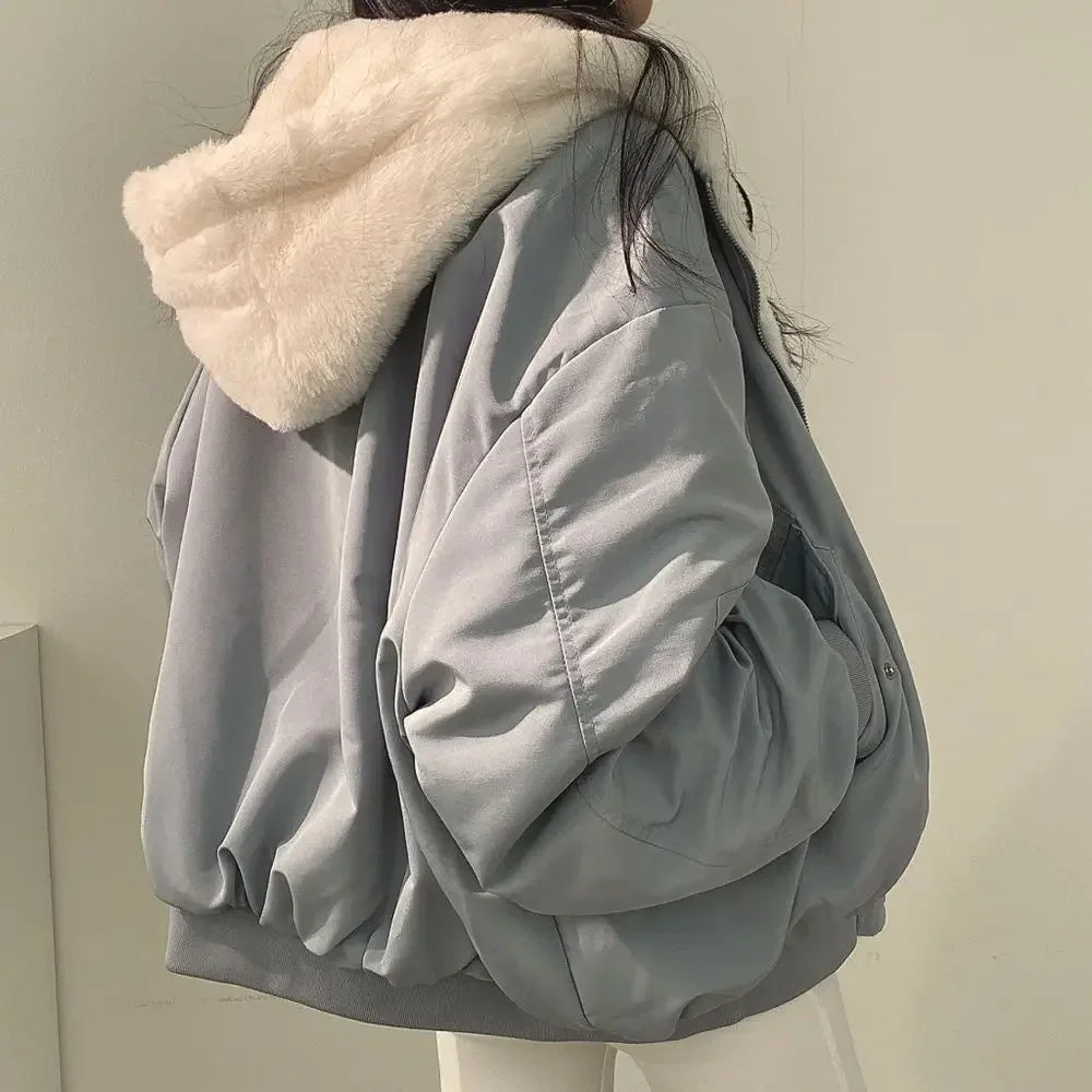 2024 Autumn Thicken Women Casual Hooded Jacket Winter Comfortable Double-Layer Korean Style Simple Solid Warm Cute Coats