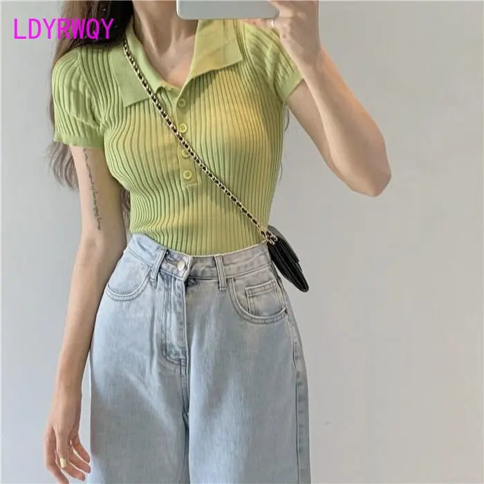 2022 Summer New High Waist Short Fit Polo Neck Knit Top Thin White Short Sleeve T-shirt