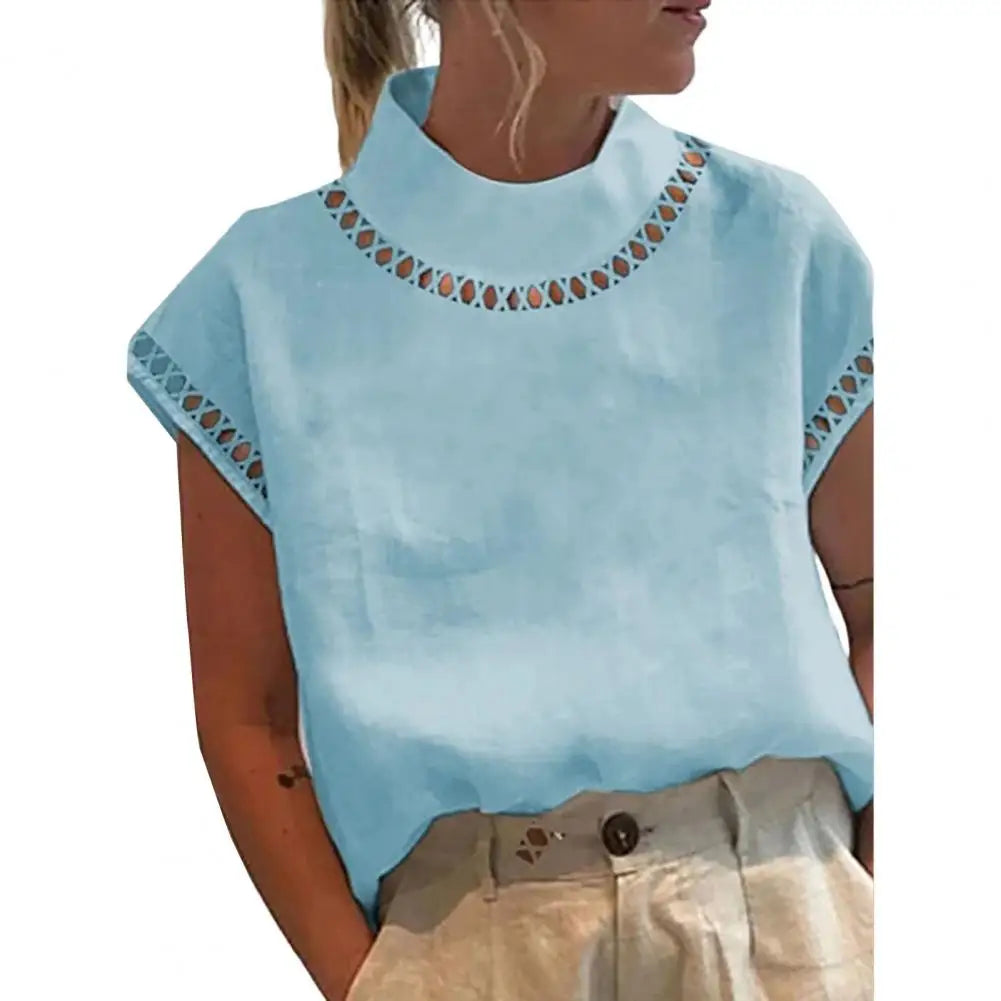 Women Casual O Neck Cotton Linen Blouses Spring Hollow Out Splicing Office Top Summer Short Sleeve Loose Vintage Clothing Shirts