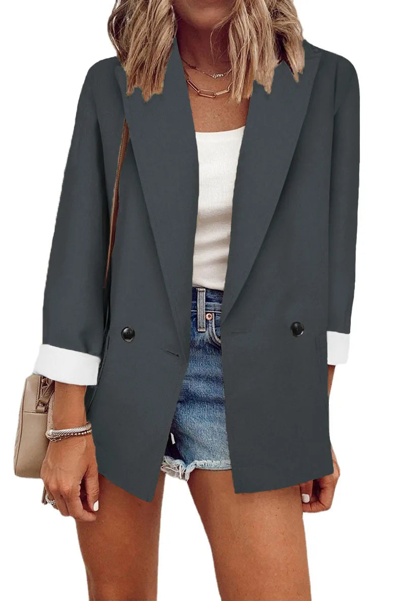 2023 Temperament, Fashion, Autumn and Winter New Women's Coat Solid Color Suit Collar Long Sleeve Loose Fit