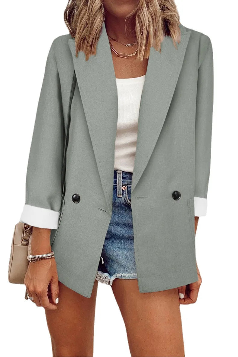 2023 Temperament, Fashion, Autumn and Winter New Women's Coat Solid Color Suit Collar Long Sleeve Loose Fit