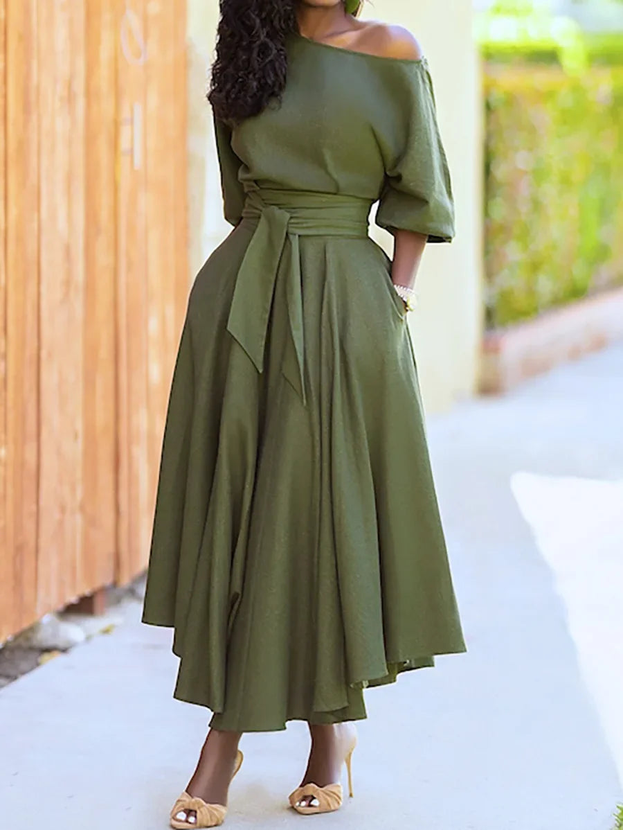 Women's S-2XL Size New Slanted Shoulder Collar Tie Waist Style Solid Color Dress Leopard print maxi dresses for women