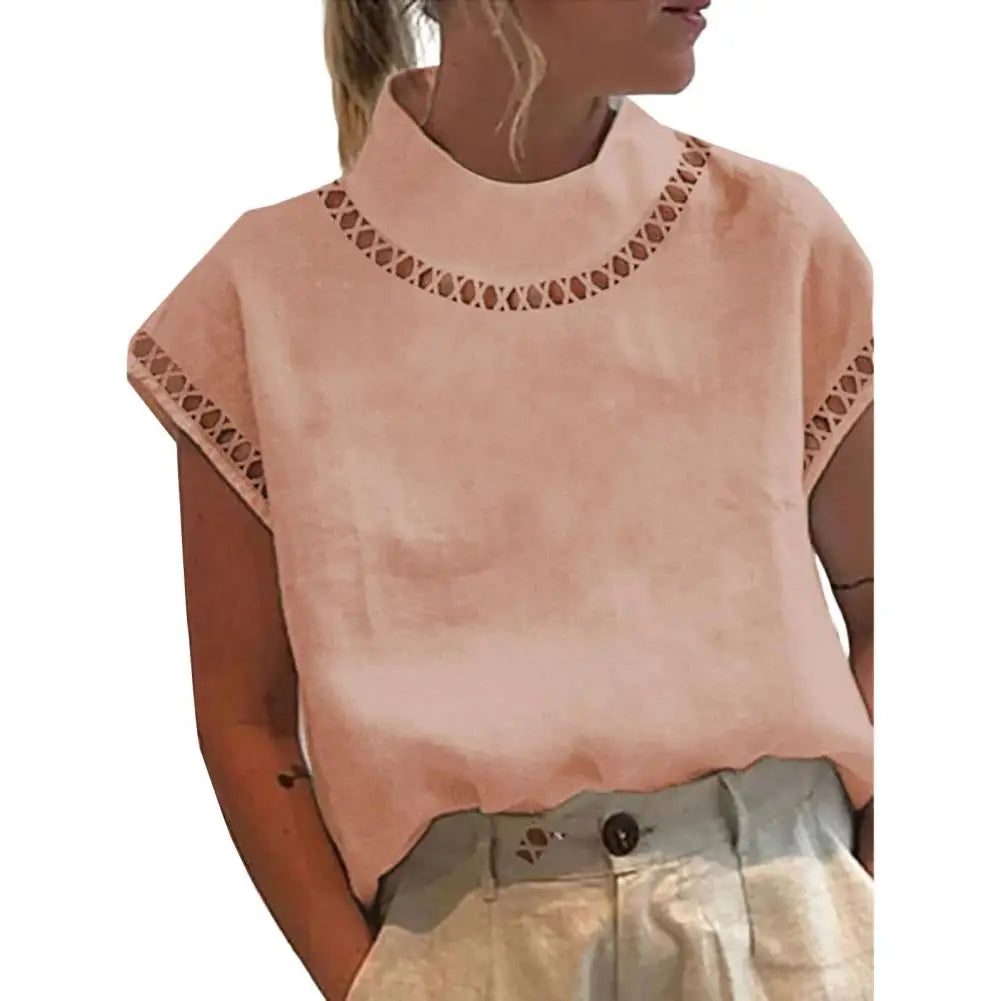 Women Casual O Neck Cotton Linen Blouses Spring Hollow Out Splicing Office Top Summer Short Sleeve Loose Vintage Clothing Shirts