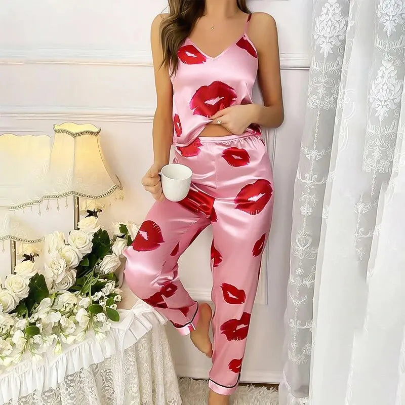 Women's Satin Pajama Set with Lip Print V-Neck Cami Top and Elastic Pants For Women Pijama Comfortable Sleep and Loungwear