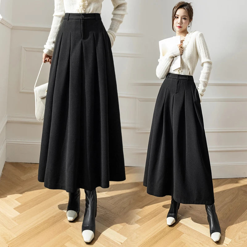 Vintage Winter Woolen Long Skirts For Women Streetwear High Waist Pleated Maxi Skirt Big Swing Folds A-Line Jupe Longues Femme