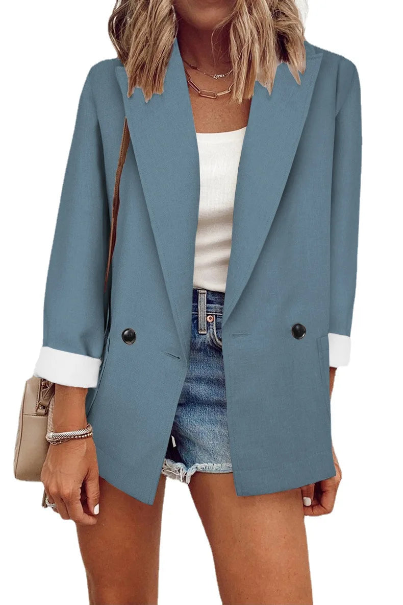 2023 Temperament, Fashion, Autumn and Winter New Women's Coat Solid Color Suit Collar Long Sleeve Loose Fit