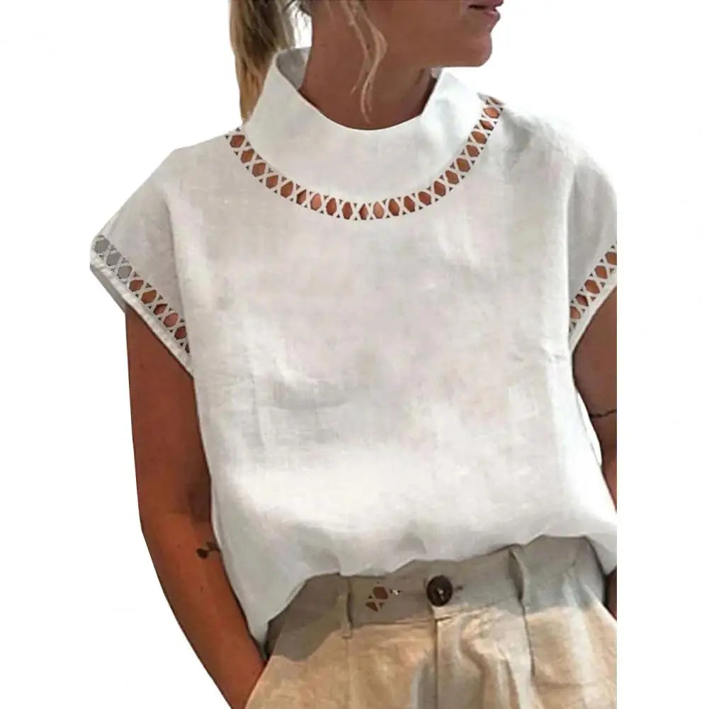 Women Casual O Neck Cotton Linen Blouses Spring Hollow Out Splicing Office Top Summer Short Sleeve Loose Vintage Clothing Shirts