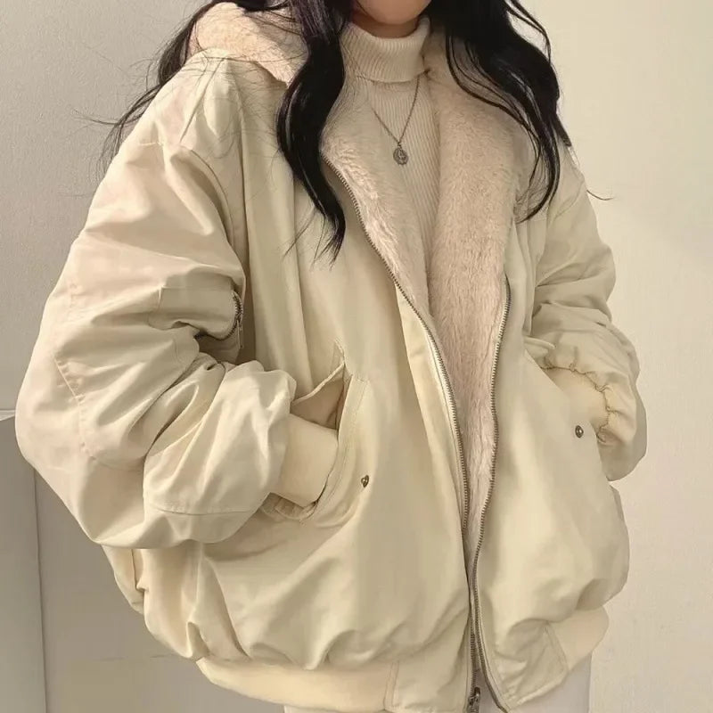 2024 Autumn Thicken Women Casual Hooded Jacket Winter Comfortable Double-Layer Korean Style Simple Solid Warm Cute Coats