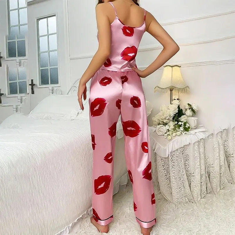 Women's Satin Pajama Set with Lip Print V-Neck Cami Top and Elastic Pants For Women Pijama Comfortable Sleep and Loungwear