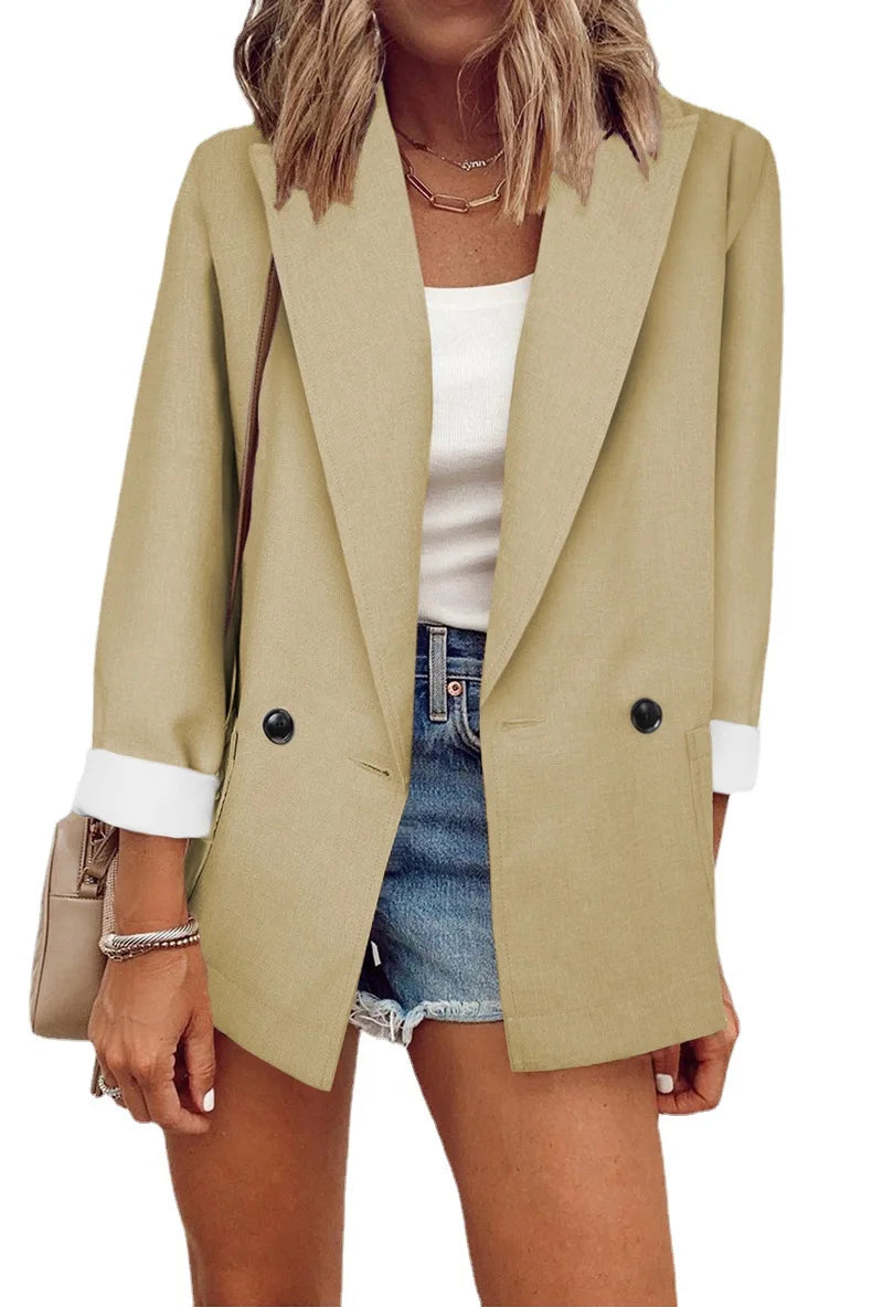 2023 Temperament, Fashion, Autumn and Winter New Women's Coat Solid Color Suit Collar Long Sleeve Loose Fit