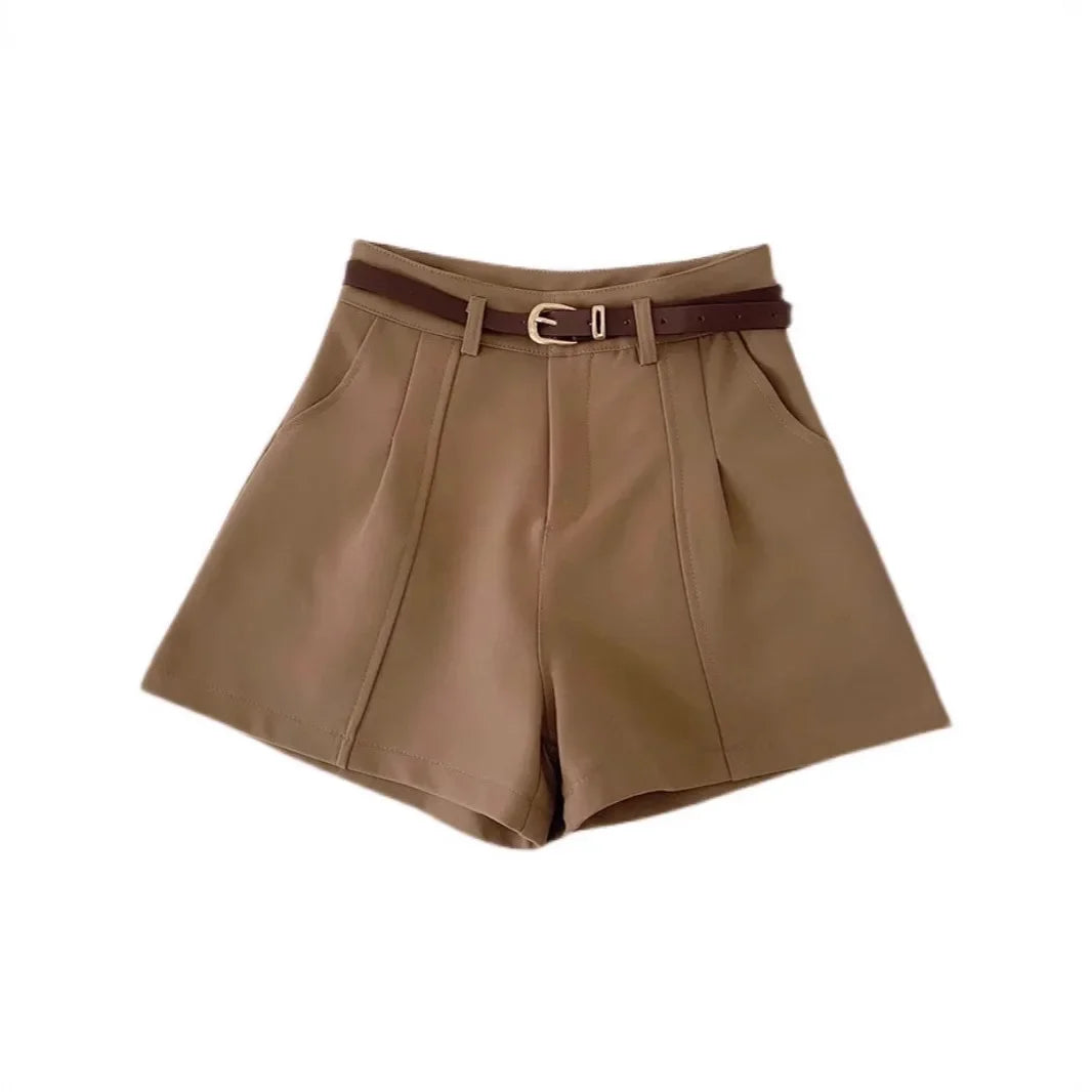 New Spring Women's A- Line Suit Short Pants High Waist Loose Wide Leg Pants Slimming Base Layer Outdoor Wear Khaki Color