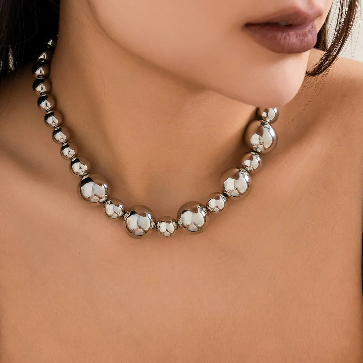 Gold Silver Color Acrylic Ball Beaded Choker Bracelet Necklace Women Men Trend Round Beads Short Necklace Stack Jewelry Collier