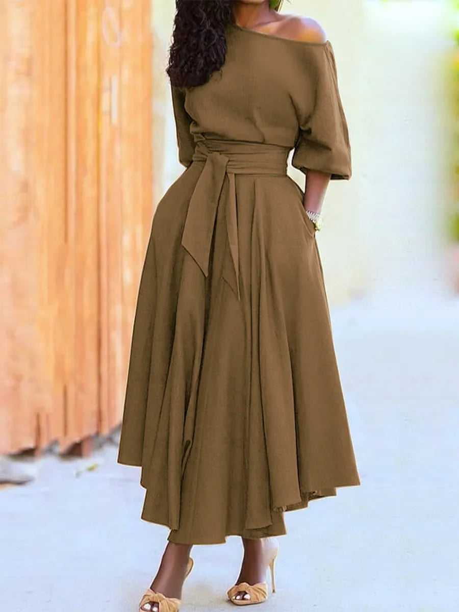 Women's S-2XL Size New Slanted Shoulder Collar Tie Waist Style Solid Color Dress Leopard print maxi dresses for women