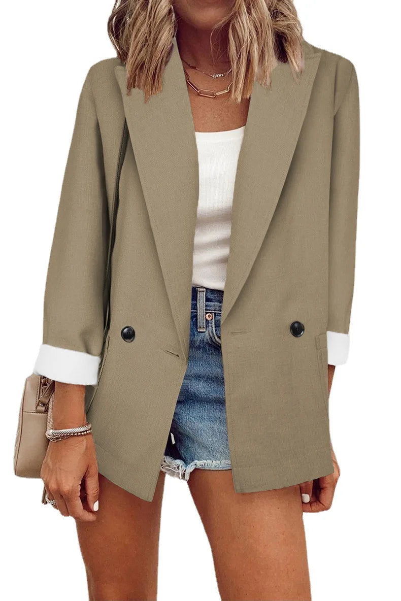 2023 Temperament, Fashion, Autumn and Winter New Women's Coat Solid Color Suit Collar Long Sleeve Loose Fit