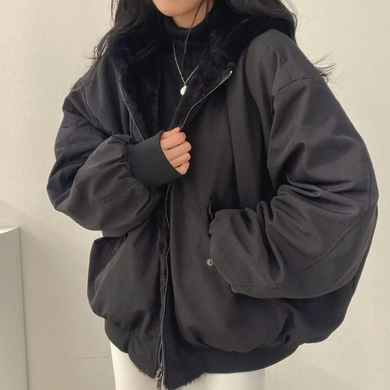 2024 Autumn Thicken Women Casual Hooded Jacket Winter Comfortable Double-Layer Korean Style Simple Solid Warm Cute Coats