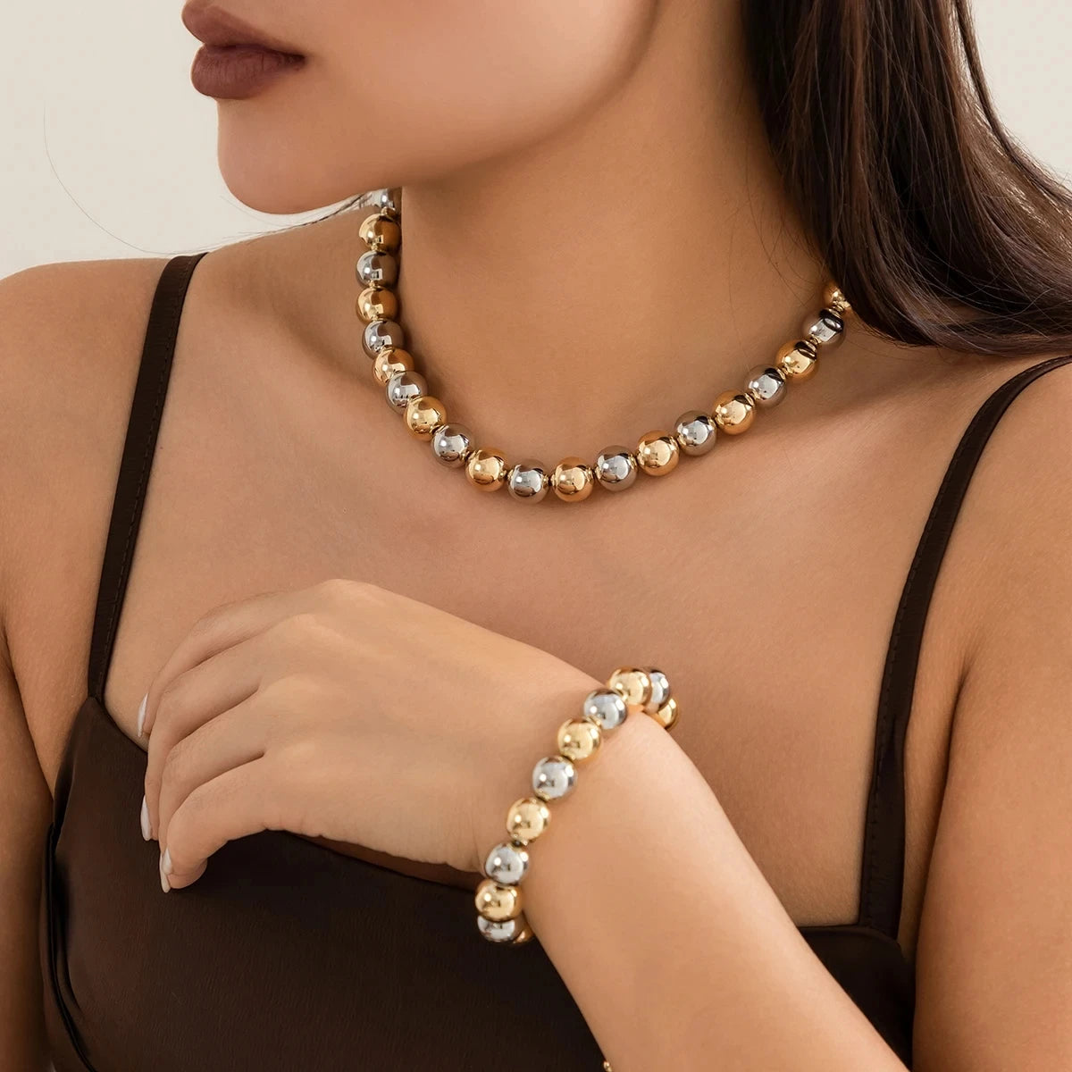 Gold Silver Color Acrylic Ball Beaded Choker Bracelet Necklace Women Men Trend Round Beads Short Necklace Stack Jewelry Collier