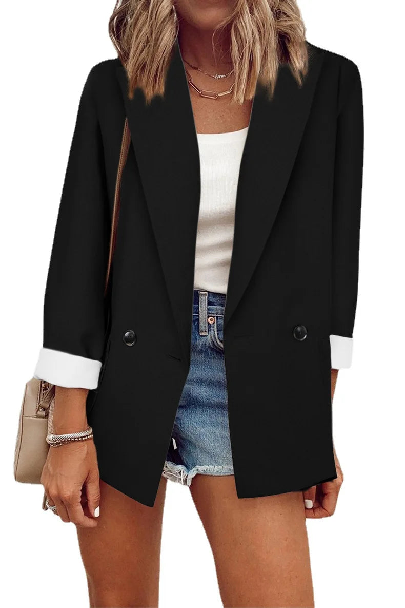 2023 Temperament, Fashion, Autumn and Winter New Women's Coat Solid Color Suit Collar Long Sleeve Loose Fit