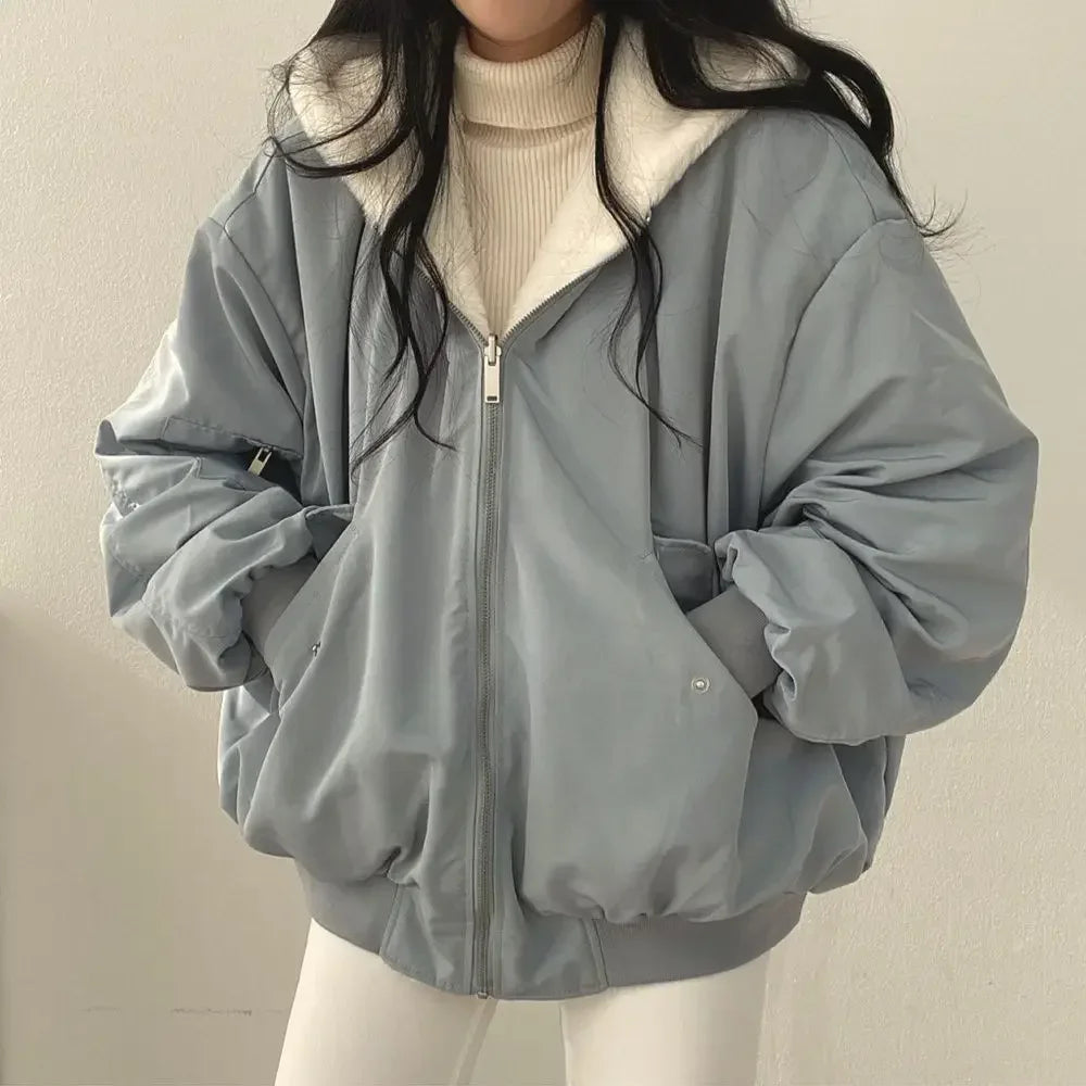 2024 Autumn Thicken Women Casual Hooded Jacket Winter Comfortable Double-Layer Korean Style Simple Solid Warm Cute Coats