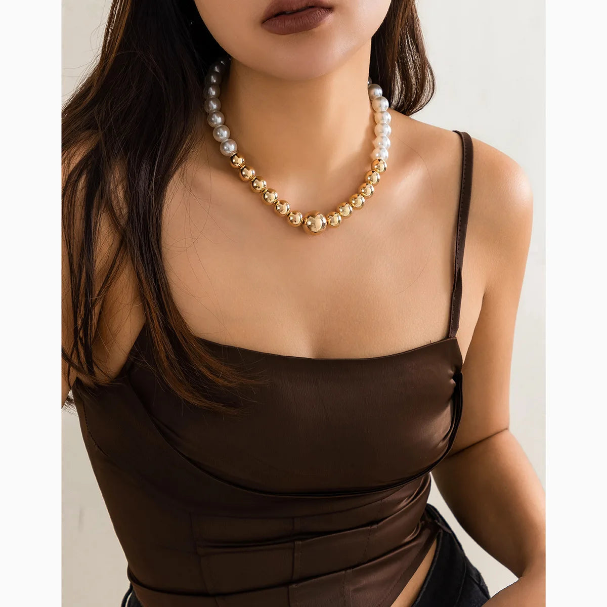 Gold Silver Color Acrylic Ball Beaded Choker Bracelet Necklace Women Men Trend Round Beads Short Necklace Stack Jewelry Collier