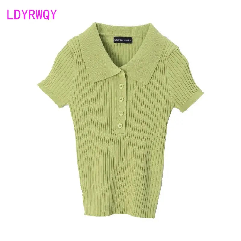 2022 Summer New High Waist Short Fit Polo Neck Knit Top Thin White Short Sleeve T-shirt