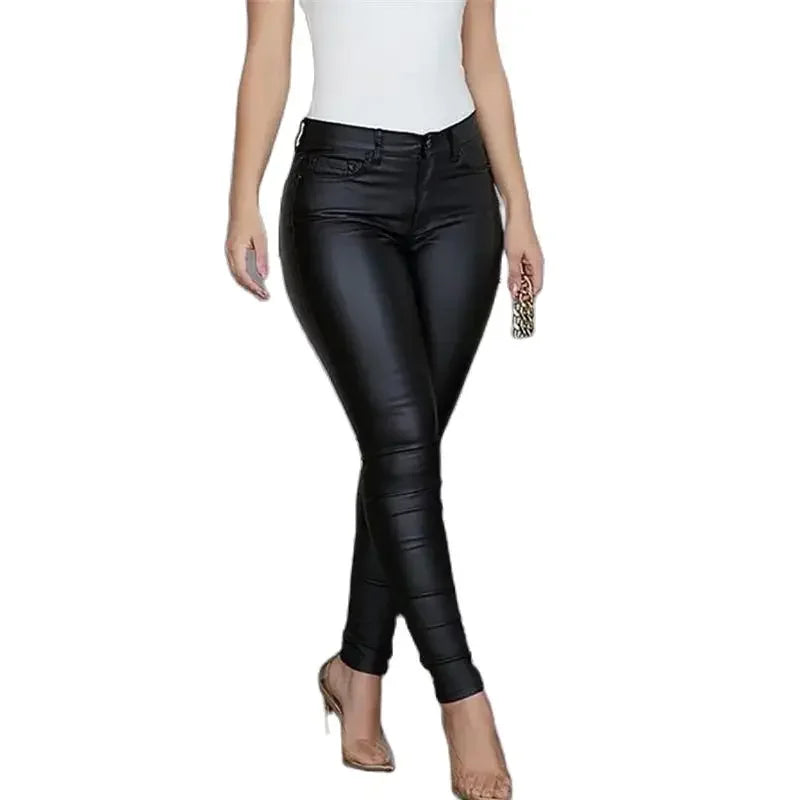 Fashion Solid Color PU Leather Pants Women Slim Fit Pencil Trousers Female Casual Commuter High Waist Button Splicing Trous 2024