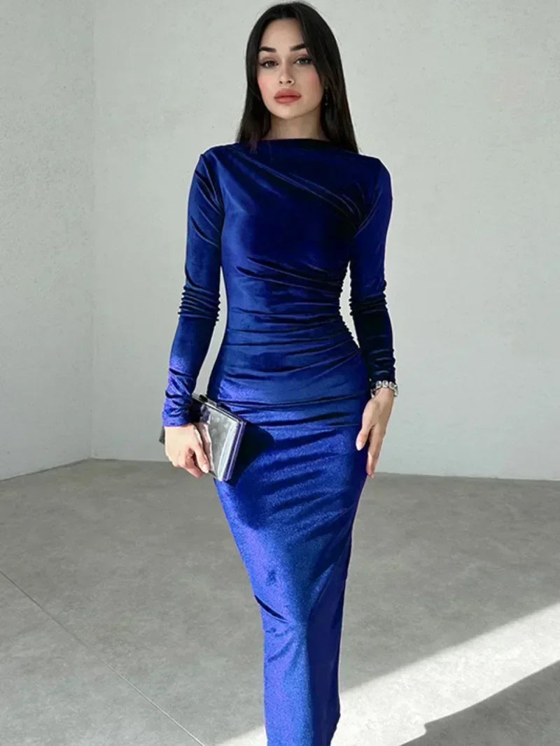 FDYOUI 2025 Autumn O-neck Folds Mid-calf Velvet Dresses for Women Long Sleeve Tunics High Waist Bodycon Evening Party Prom Dress