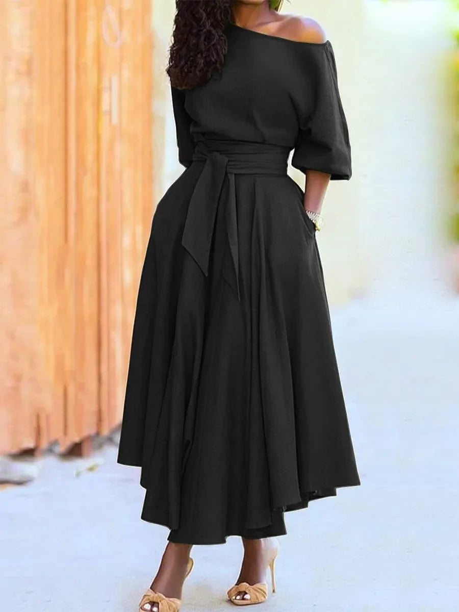 Women's S-2XL Size New Slanted Shoulder Collar Tie Waist Style Solid Color Dress Leopard print maxi dresses for women