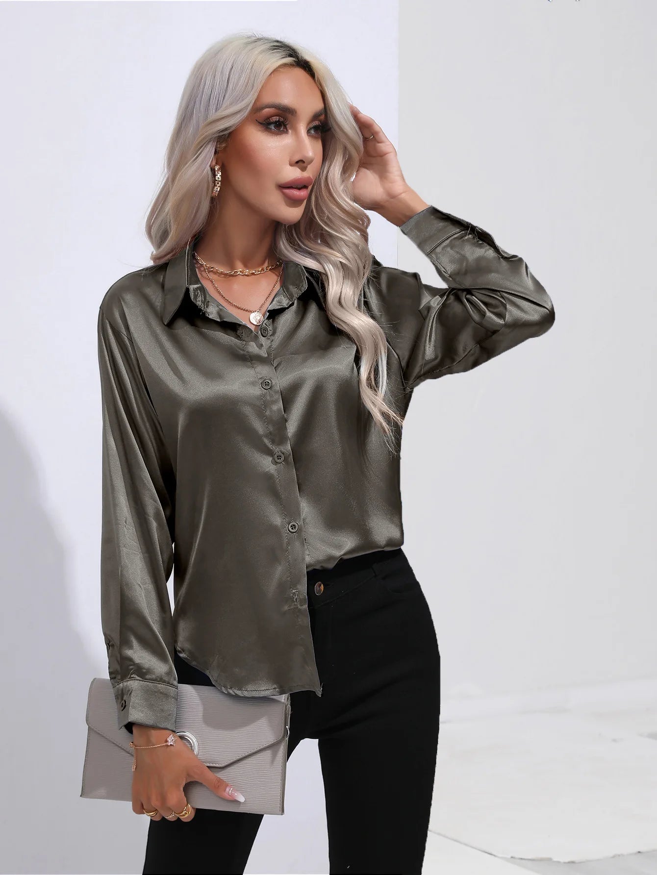 Elegant Women's Satin Imitation Silk Long Sleeve Shirt Autumn/Winter Solid Office Lady Lapel Button Blouse Women Clothing S-XXL