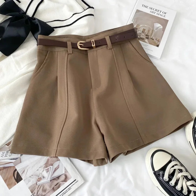 New Spring Women's A- Line Suit Short Pants High Waist Loose Wide Leg Pants Slimming Base Layer Outdoor Wear Khaki Color