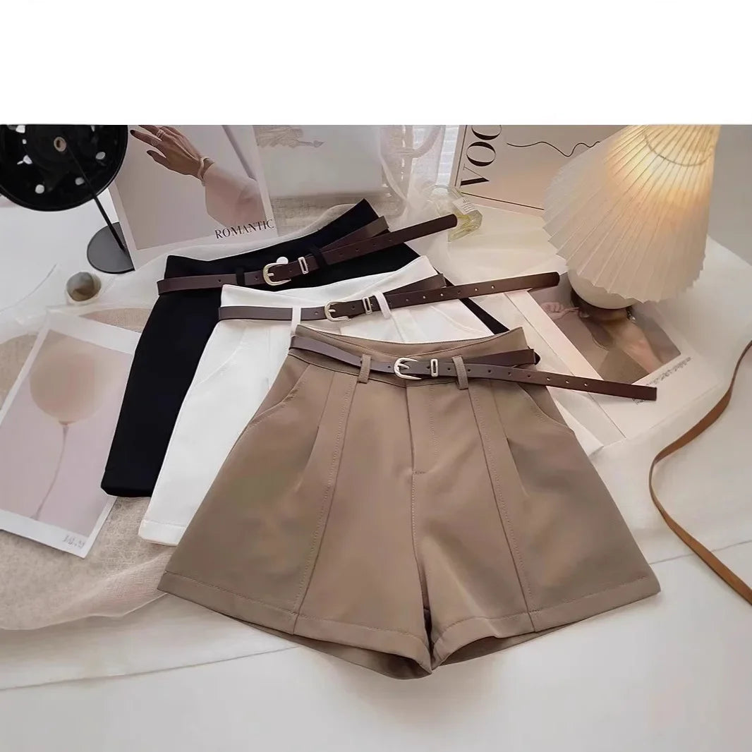 New Spring Women's A- Line Suit Short Pants High Waist Loose Wide Leg Pants Slimming Base Layer Outdoor Wear Khaki Color