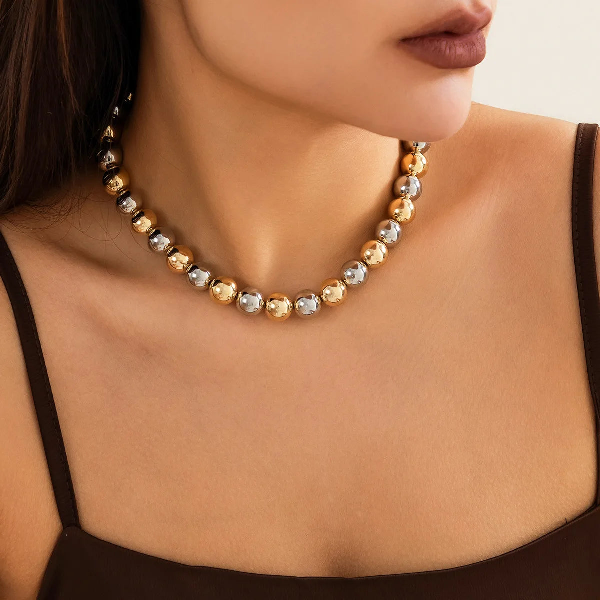 Gold Silver Color Acrylic Ball Beaded Choker Bracelet Necklace Women Men Trend Round Beads Short Necklace Stack Jewelry Collier