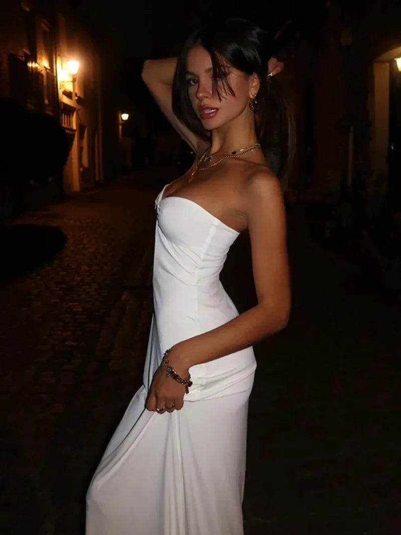 Sexy Women's Summer Sleeveless Black Dress 2025 Elegant Strapless Backless Slim Hollow Out White Beach Dresses Vacation Outfit