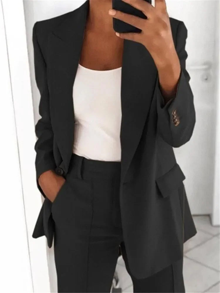 2025 S-5XL Women's Blazer Casual Long-sleeved Top Solid Color Suit Collar Button Simple Temperament Commuter Plus Size Blazer