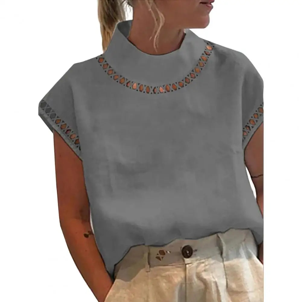 Women Casual O Neck Cotton Linen Blouses Spring Hollow Out Splicing Office Top Summer Short Sleeve Loose Vintage Clothing Shirts
