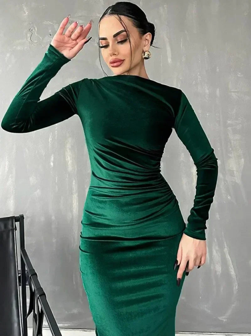 FDYOUI 2025 Autumn O-neck Folds Mid-calf Velvet Dresses for Women Long Sleeve Tunics High Waist Bodycon Evening Party Prom Dress