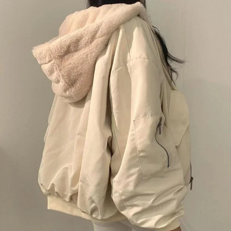 2024 Autumn Thicken Women Casual Hooded Jacket Winter Comfortable Double-Layer Korean Style Simple Solid Warm Cute Coats
