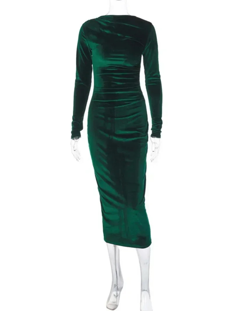 FDYOUI 2025 Autumn O-neck Folds Mid-calf Velvet Dresses for Women Long Sleeve Tunics High Waist Bodycon Evening Party Prom Dress