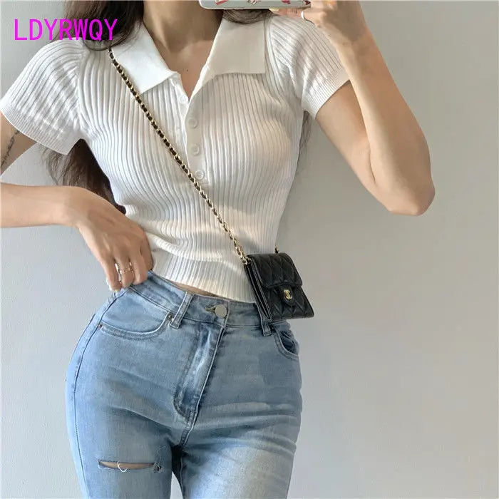 2022 Summer New High Waist Short Fit Polo Neck Knit Top Thin White Short Sleeve T-shirt