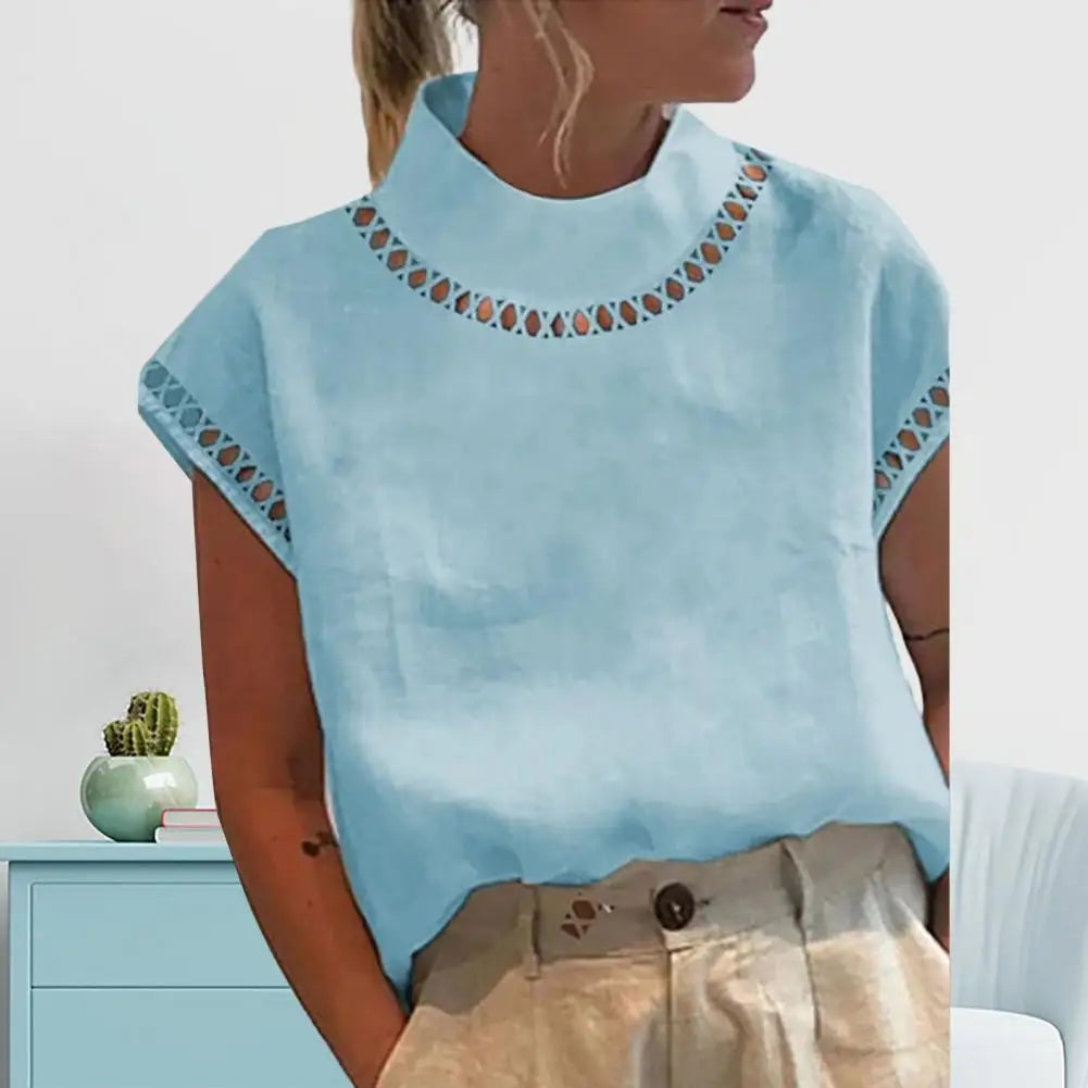 Women Casual O Neck Cotton Linen Blouses Spring Hollow Out Splicing Office Top Summer Short Sleeve Loose Vintage Clothing Shirts