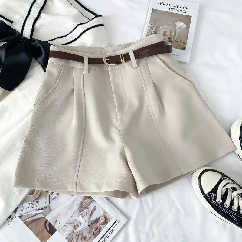 New Spring Women's A- Line Suit Short Pants High Waist Loose Wide Leg Pants Slimming Base Layer Outdoor Wear Khaki Color