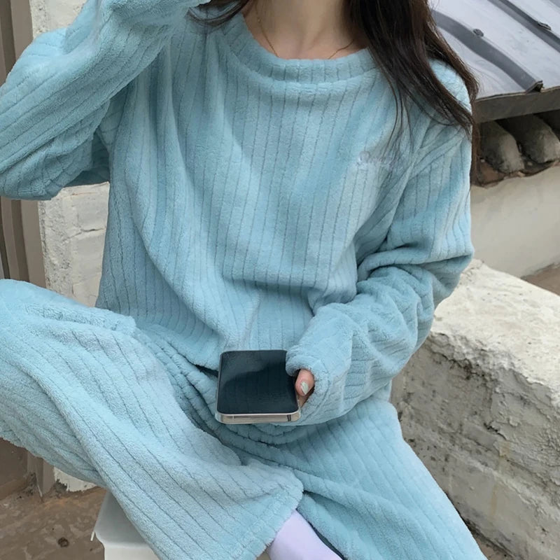 Autumn Women Solid Warm 2 Piece Sets Thicken Velvet Ribbed Fleece Set Pullover And Pants Women Casual Pajama Sets