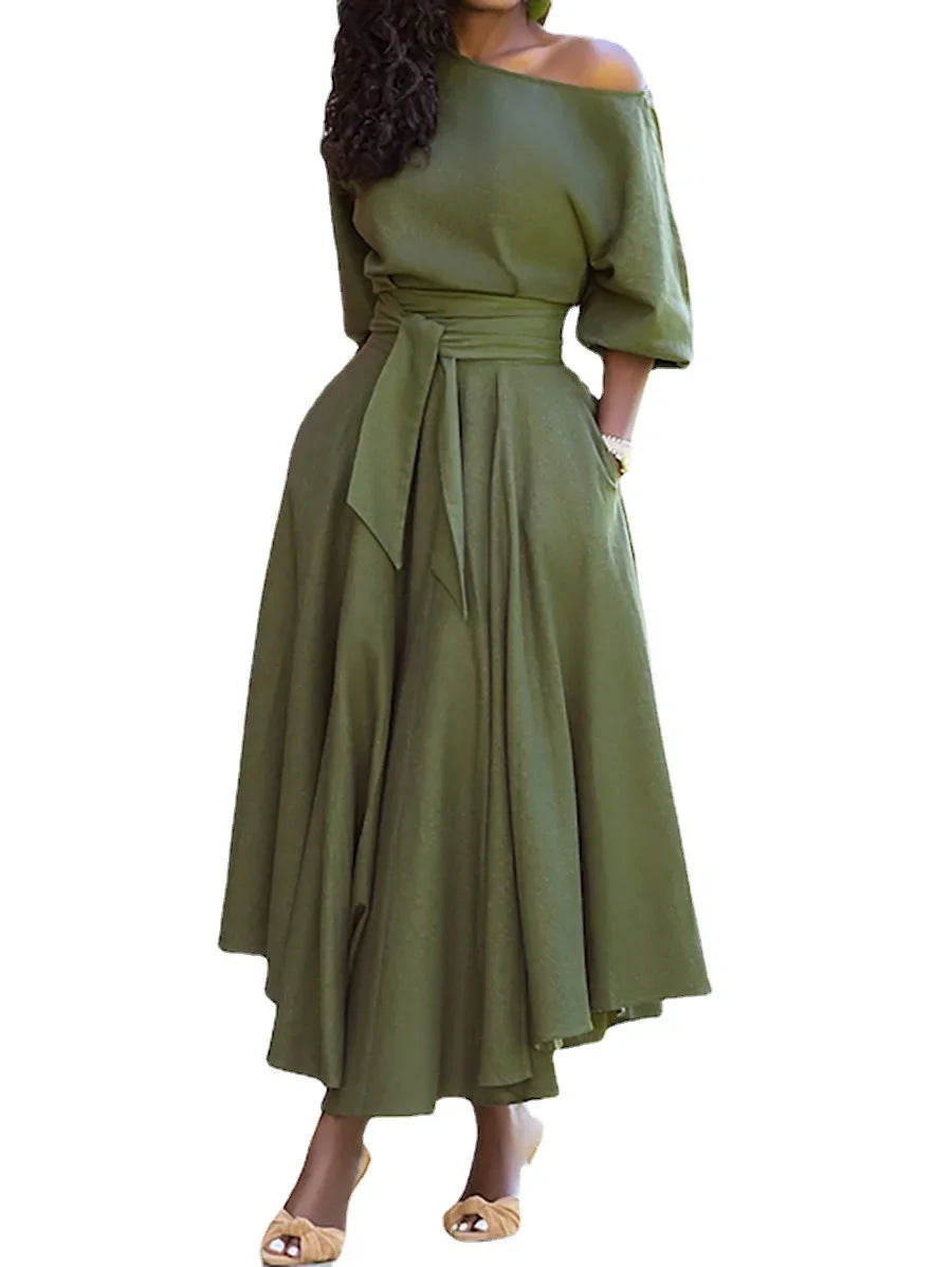Women's S-2XL Size New Slanted Shoulder Collar Tie Waist Style Solid Color Dress Leopard print maxi dresses for women