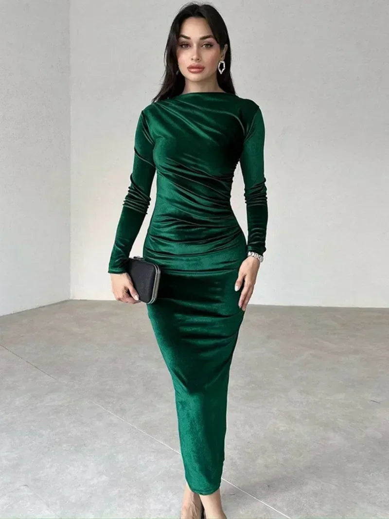 FDYOUI 2025 Autumn O-neck Folds Mid-calf Velvet Dresses for Women Long Sleeve Tunics High Waist Bodycon Evening Party Prom Dress