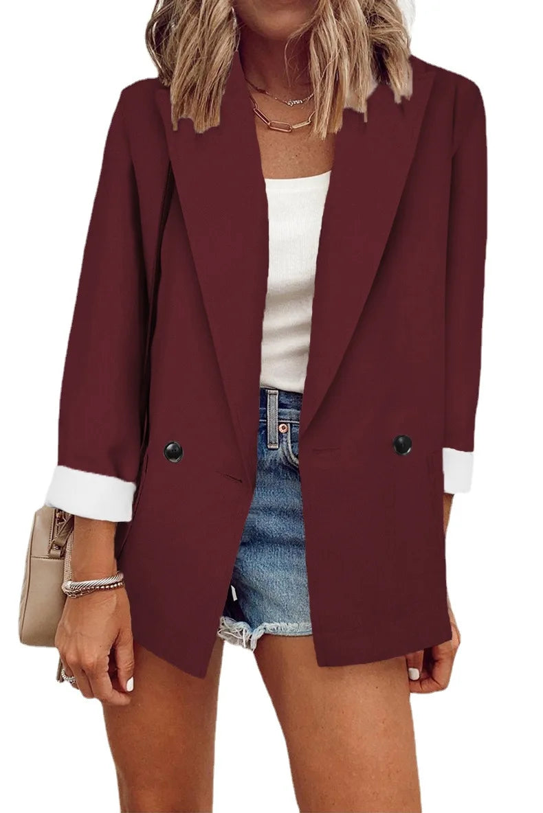 2023 Temperament, Fashion, Autumn and Winter New Women's Coat Solid Color Suit Collar Long Sleeve Loose Fit