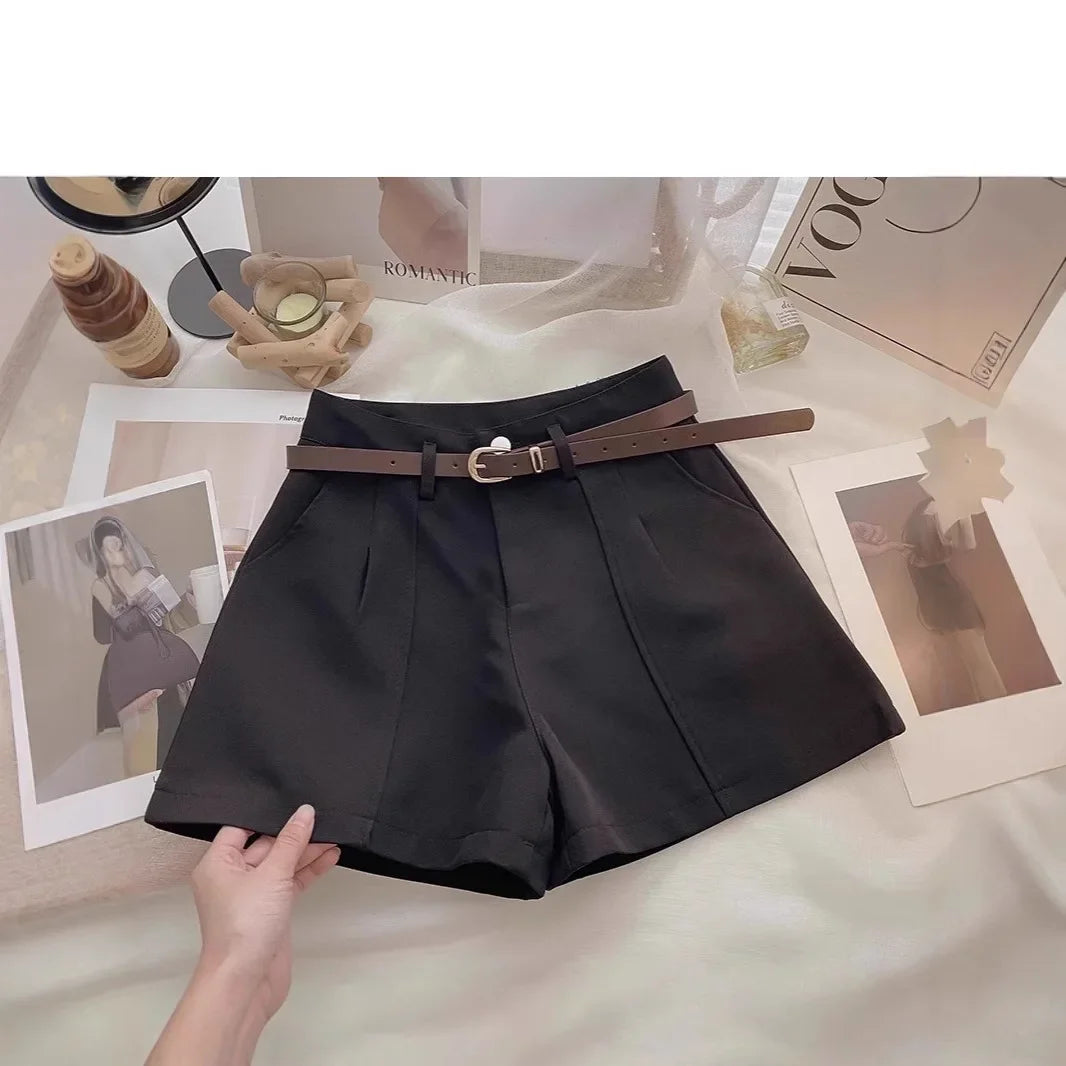 New Spring Women's A- Line Suit Short Pants High Waist Loose Wide Leg Pants Slimming Base Layer Outdoor Wear Khaki Color
