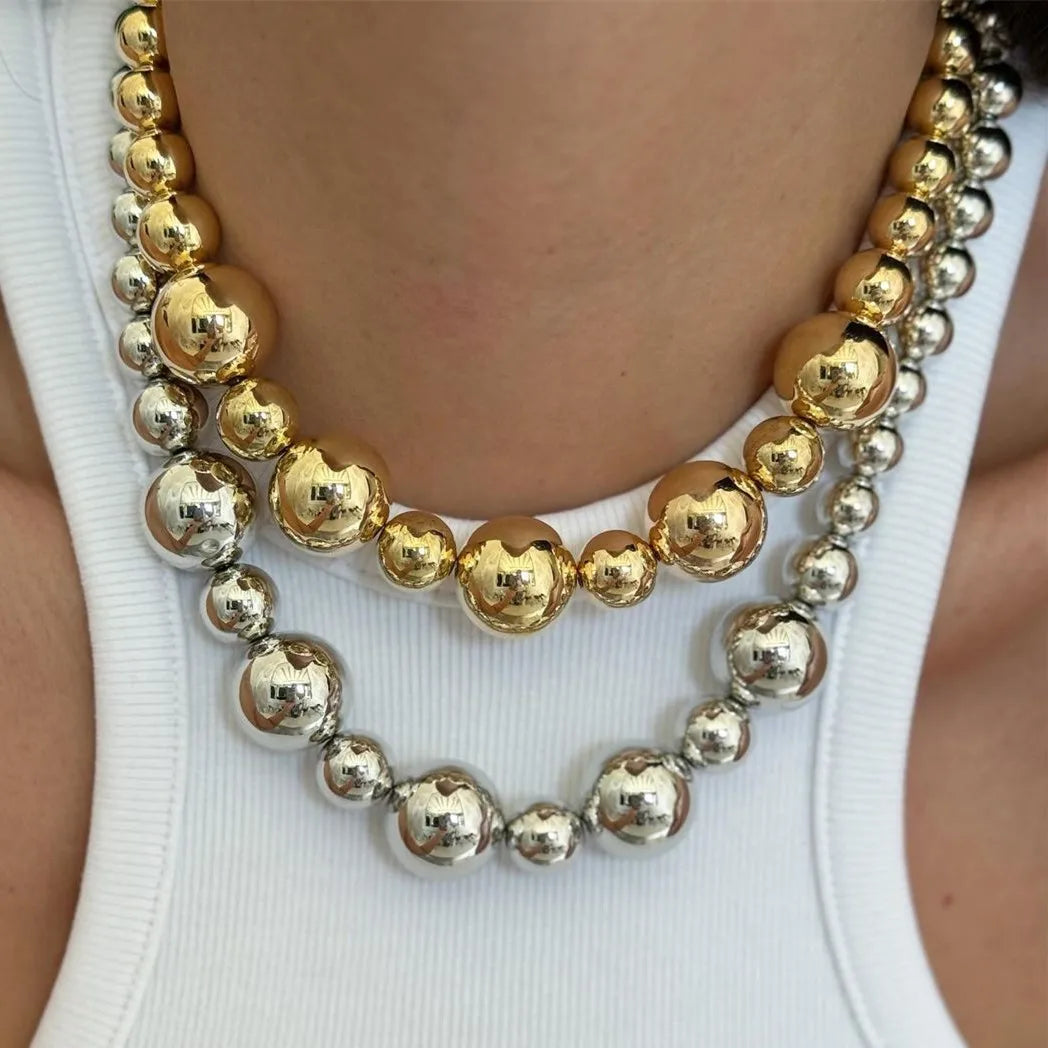 Gold Silver Color Acrylic Ball Beaded Choker Bracelet Necklace Women Men Trend Round Beads Short Necklace Stack Jewelry Collier