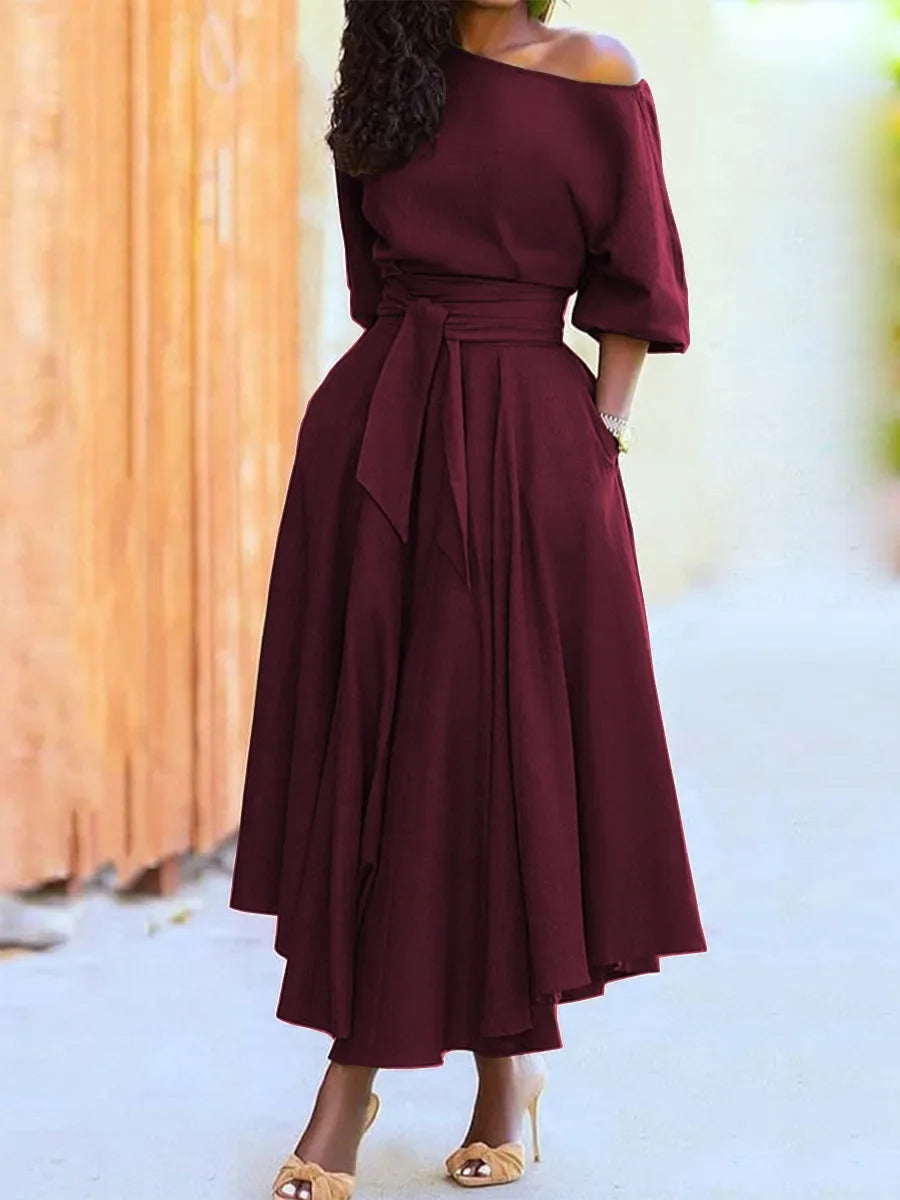 Women's S-2XL Size New Slanted Shoulder Collar Tie Waist Style Solid Color Dress Leopard print maxi dresses for women