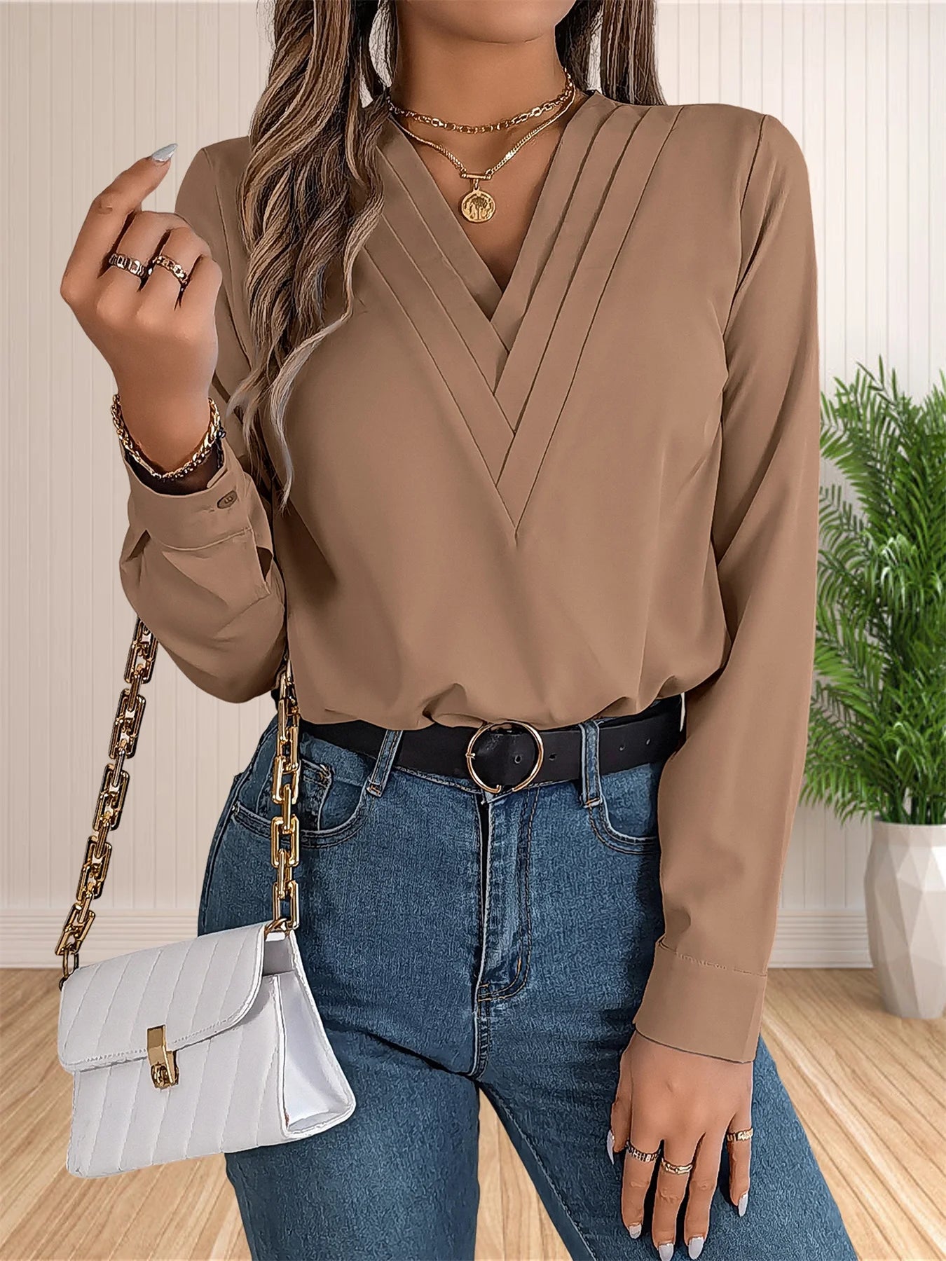 Women's Elegant Business Office Blouse Layered V Neck Long Sleeve 2024 Dressy Shirts Work Tops