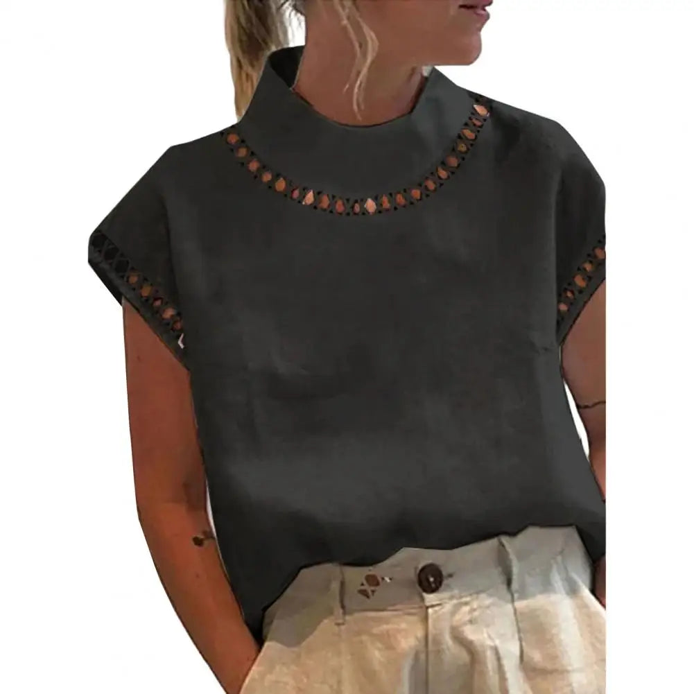 Women Casual O Neck Cotton Linen Blouses Spring Hollow Out Splicing Office Top Summer Short Sleeve Loose Vintage Clothing Shirts